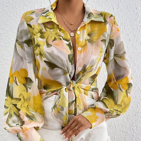 Tops - Yellow Boho Women's  Turn-Down Collar Button down floral blouse